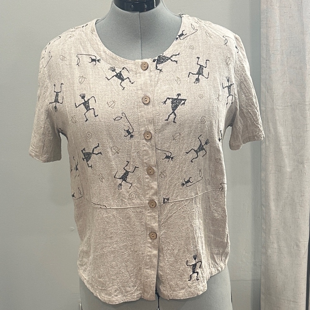 Women's Beige Button Down Shirt with Tribal Print size M made in USA
